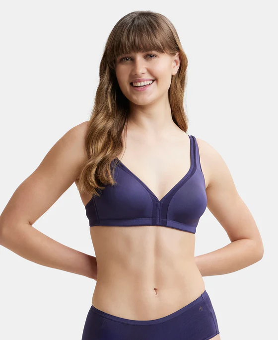 Non Padded Soft Touch Microfiber Elastane Stretch Full Coverage Everyday Bra with Stylized Mesh Panel