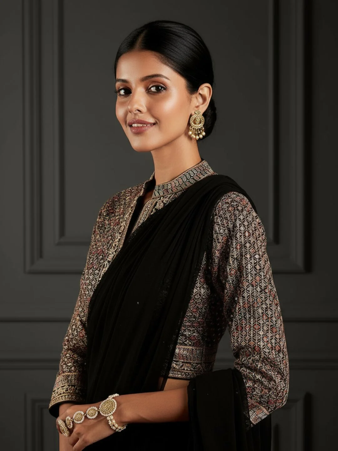 Art Black Embroidered Georgette Dhoti Saree - Image 5