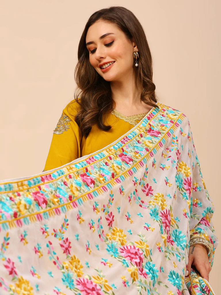 Floral Embroidered White & Multi Georgette Dupatta - Image 4