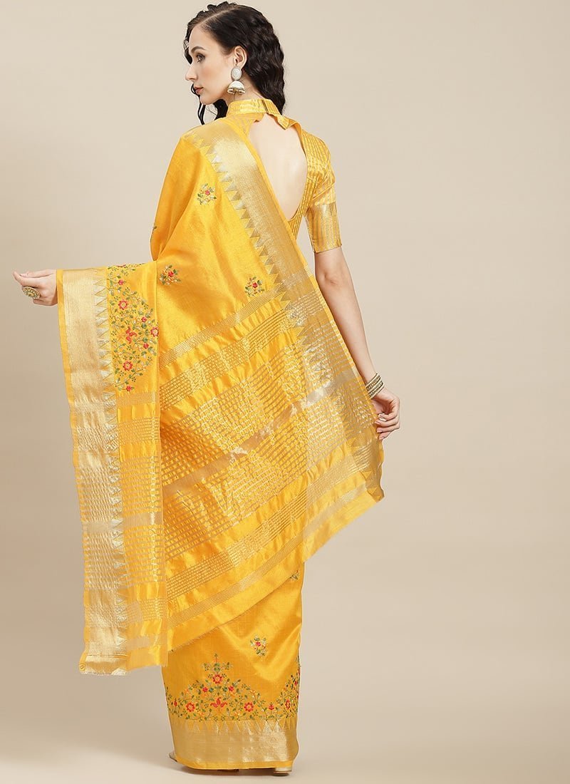 Assam Cotton Silk Thread Embroidered Work Temple Contrast Border Saree Festive Wear - Image 2