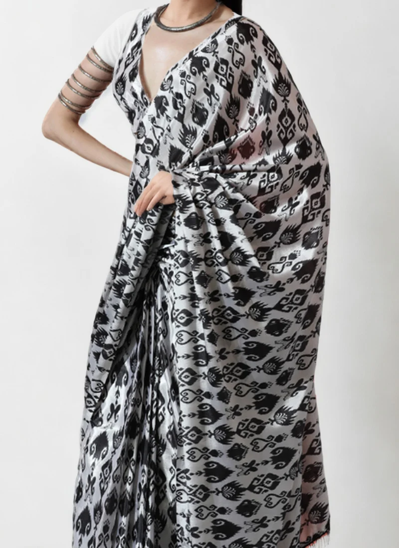 Black Chinon Digital Print Pre Draped Saree After Six Wear - Image 2