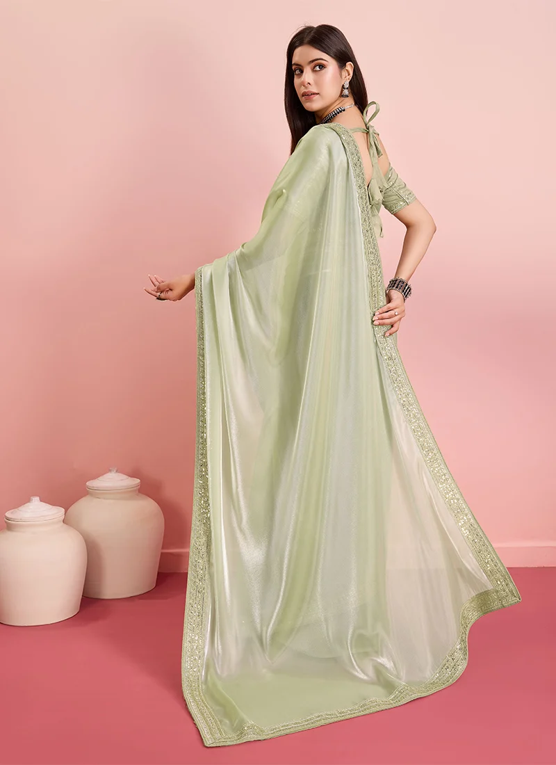 Green Organza Embroidered Sequins Border Saree For Women Party Wear - Image 2