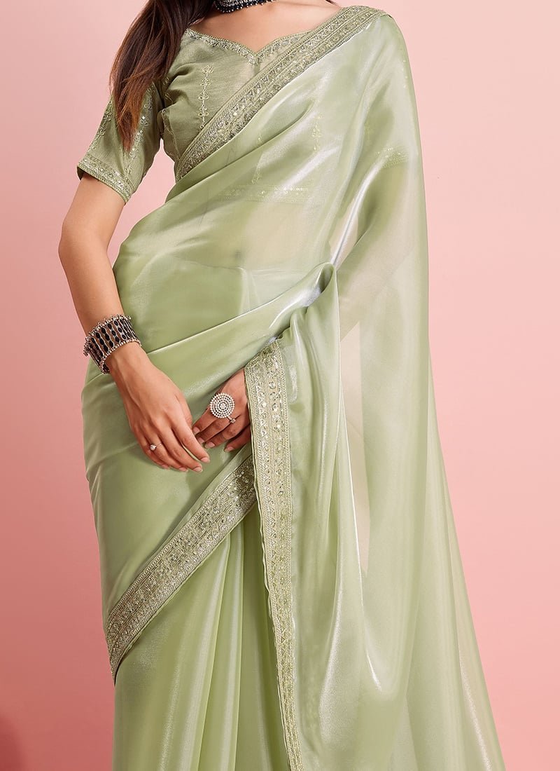 Green Organza Embroidered Sequins Border Saree For Women Party Wear - Image 3
