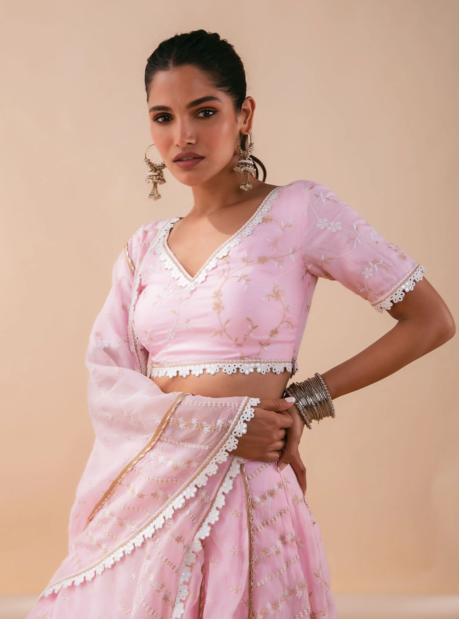 Mulmul Keylong Pink Organza Lehenga - Image 5