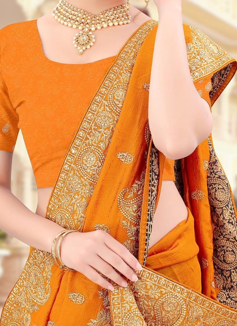Orange Vichitra Silk Zari Embroidery Saree Party Wear - Image 2